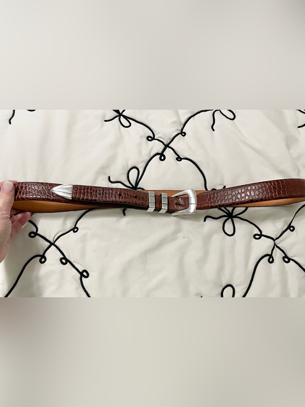 Brown Croc-Embossed Leather Belt with Silver Buckle